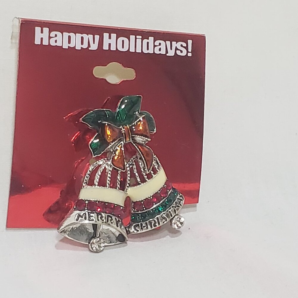 Christmas Bells Merry Christmas Metal Brooch Pin 1.5" Red Green Kmart 2012